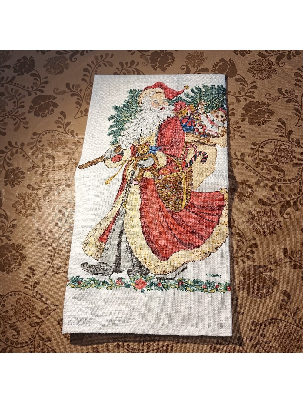 Vintage Wegner Linen Tea Kitchen Towel Christmas Santa Claus 16"x 27"